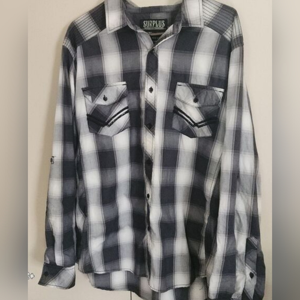 M31 Surplus Mens Casual Black & White Plaid Button-up Shirt Roll Tab Sleeves XXL